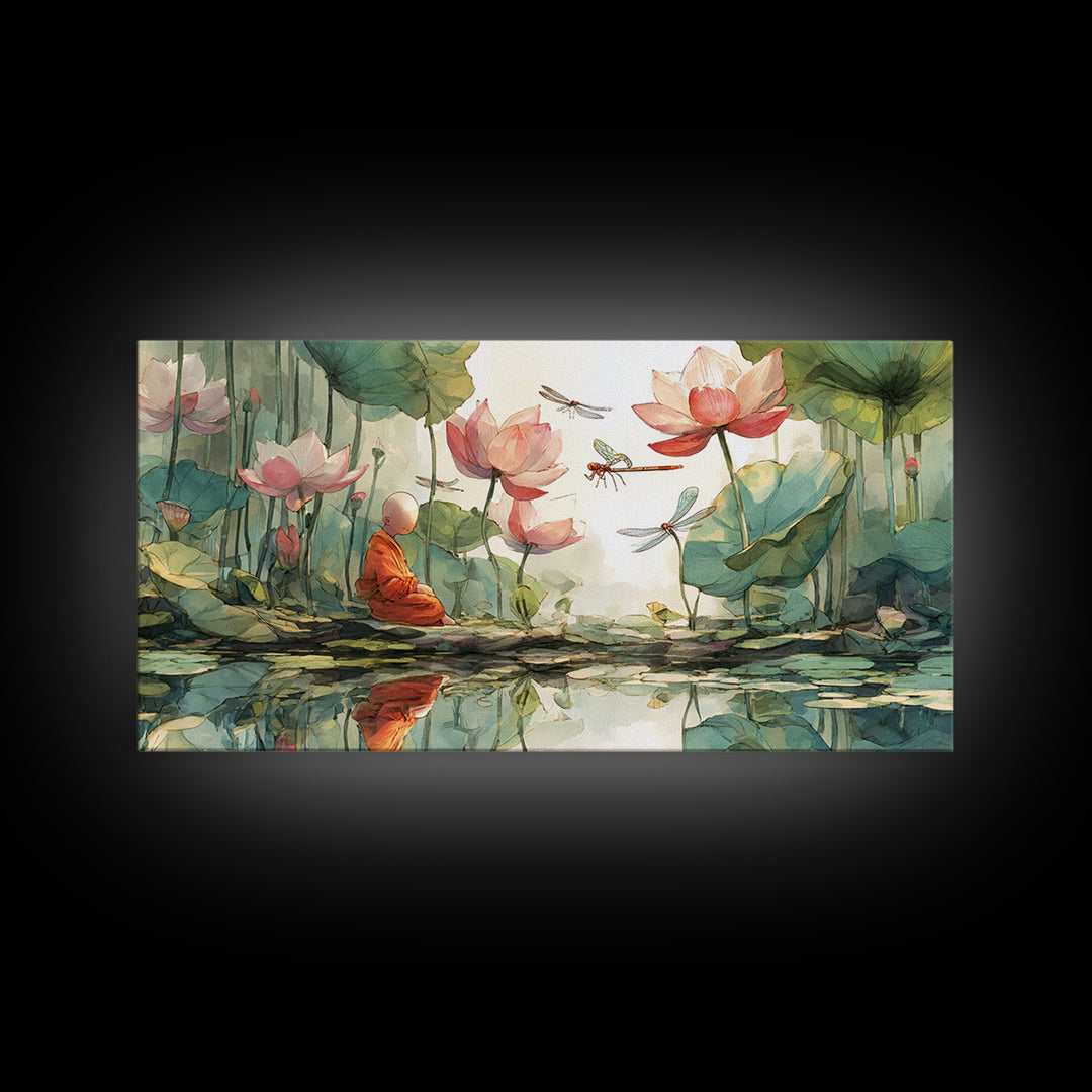 Serene Meditating Monk Among Lotus Flowers And Dragonflies Wall Art Beautiful Calm Nature Scene Framed Canvas Print