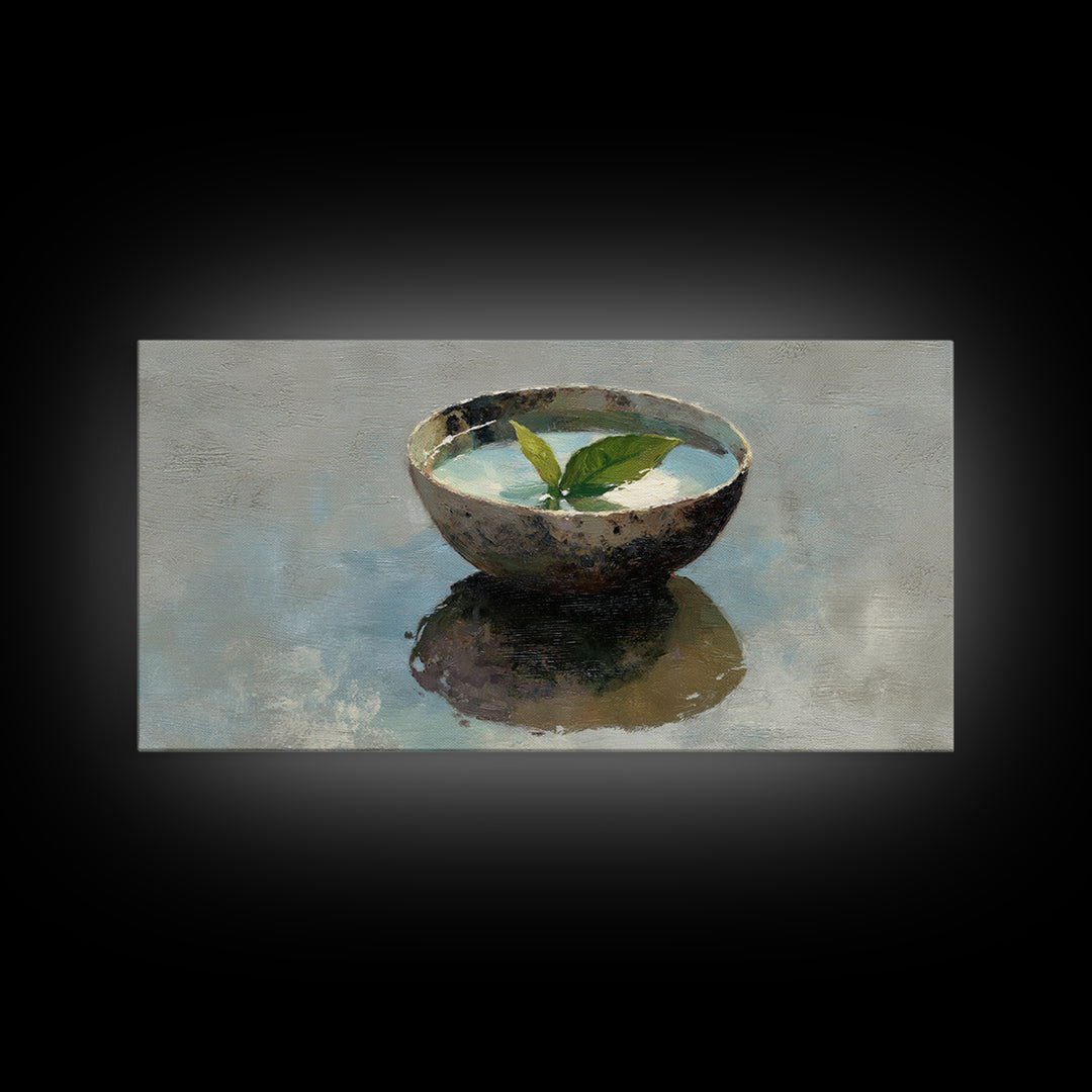 Still Life Bowl With Green Leaves Oil Painting Canvas Print Large Wall Art For Kitchen And Dining Room Decor Slow Living Art