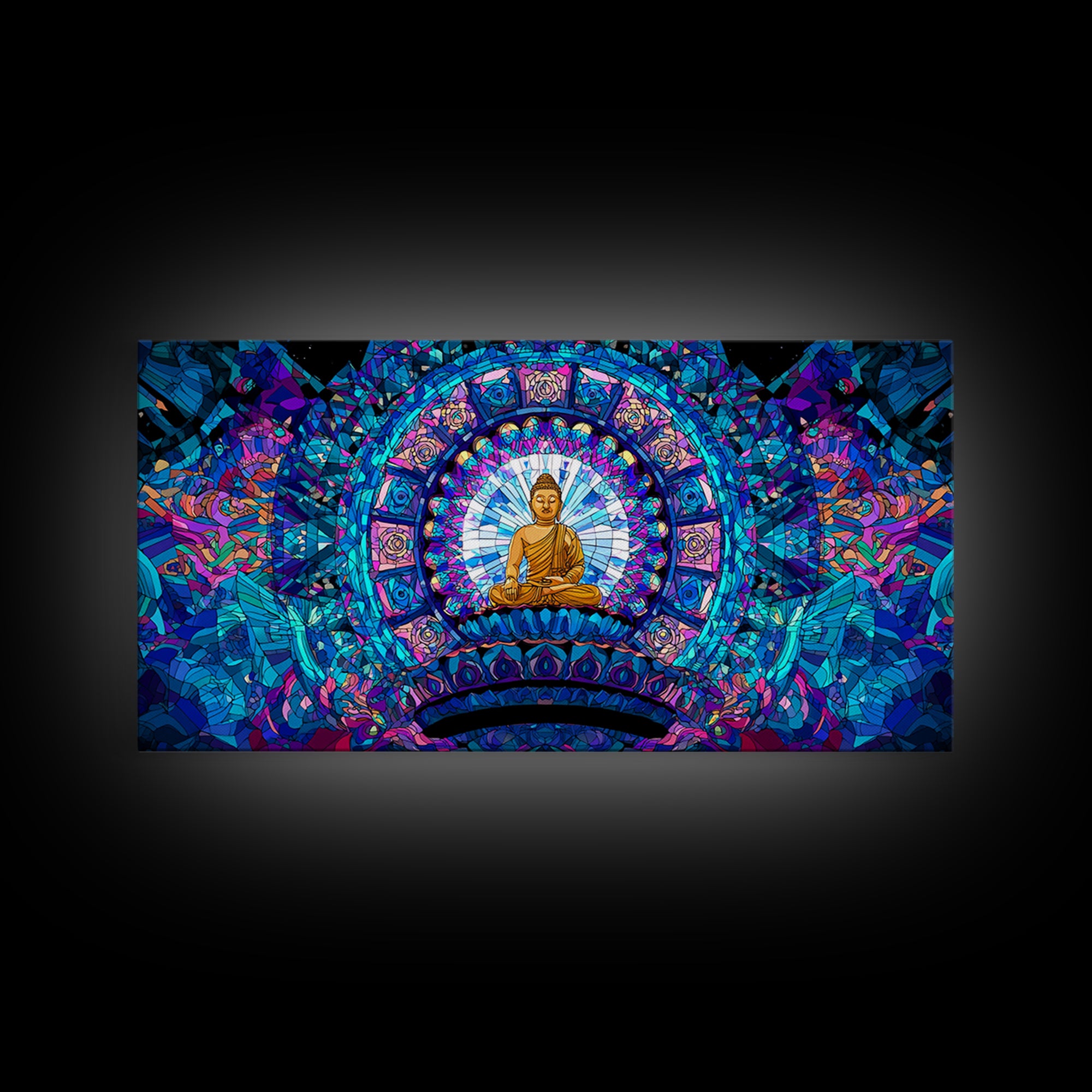 Stained Glass Style Blue Buddha Meditation Wall Art Framed Canvas Print For Spa Decor And Spiritual Home Decor