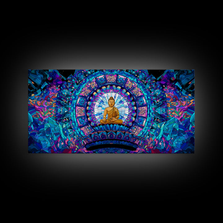 Stained Glass Style Blue Buddha Meditation Wall Art Framed Canvas Print For Spa Decor And Spiritual Home Decor