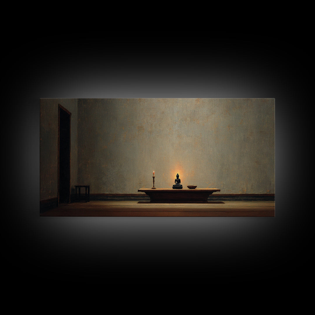 Minimalist Zen Home Decor Buddha Statue With Candle On Wooden Table Wall Art
