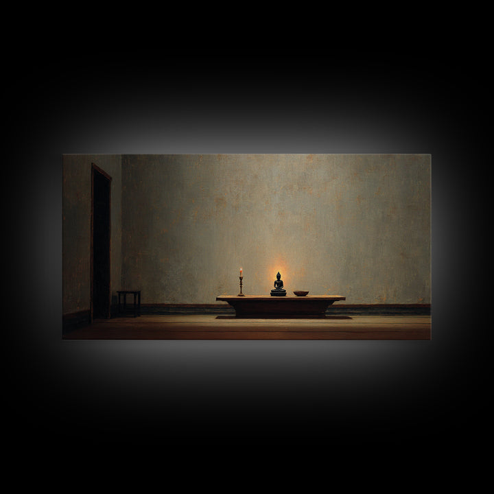Minimalist Zen Home Decor Buddha Statue With Candle On Wooden Table Wall Art