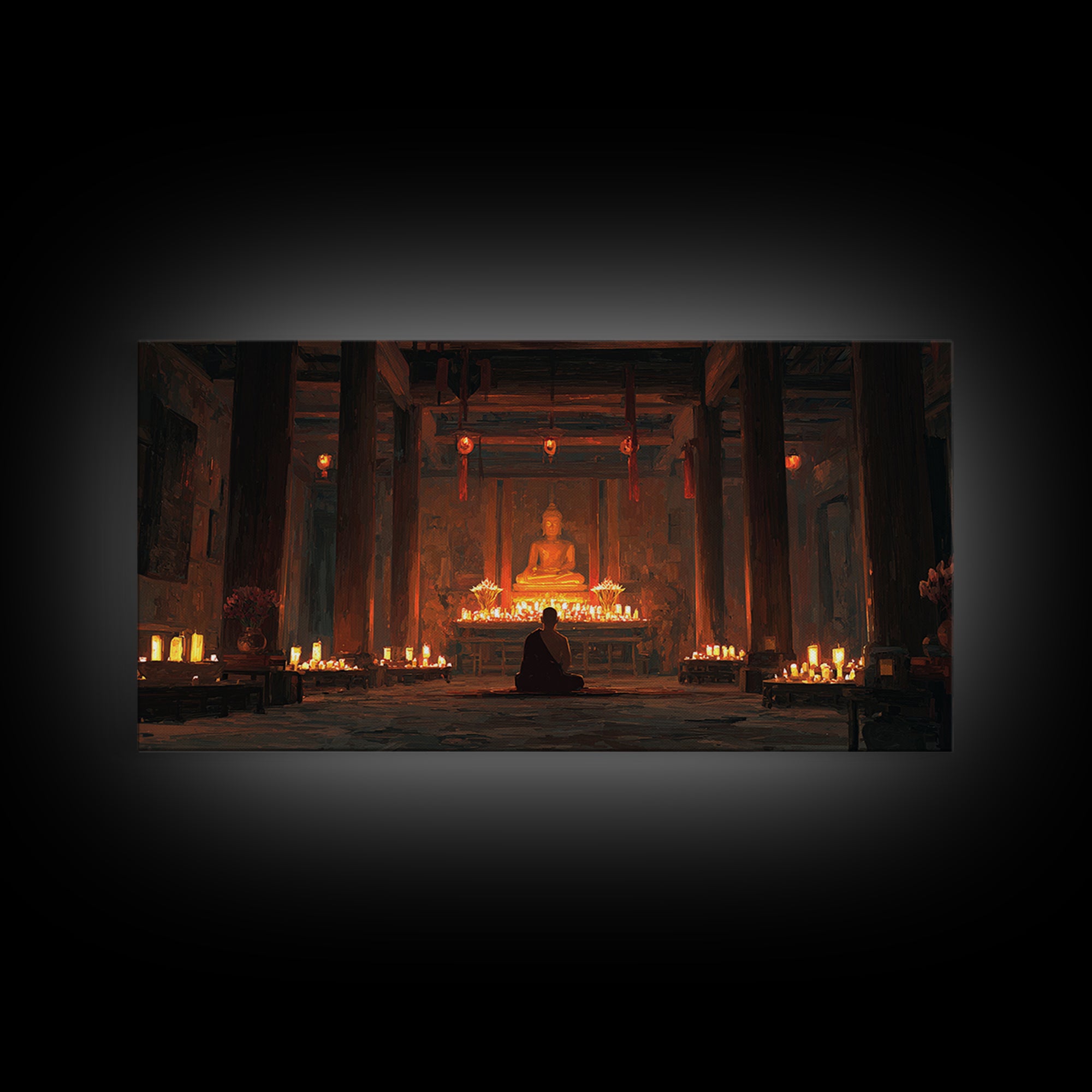 Serene Buddha Meditation In Candlelit Temple Painting Wall Art Home Spiritual Canvas Print Zen Decor