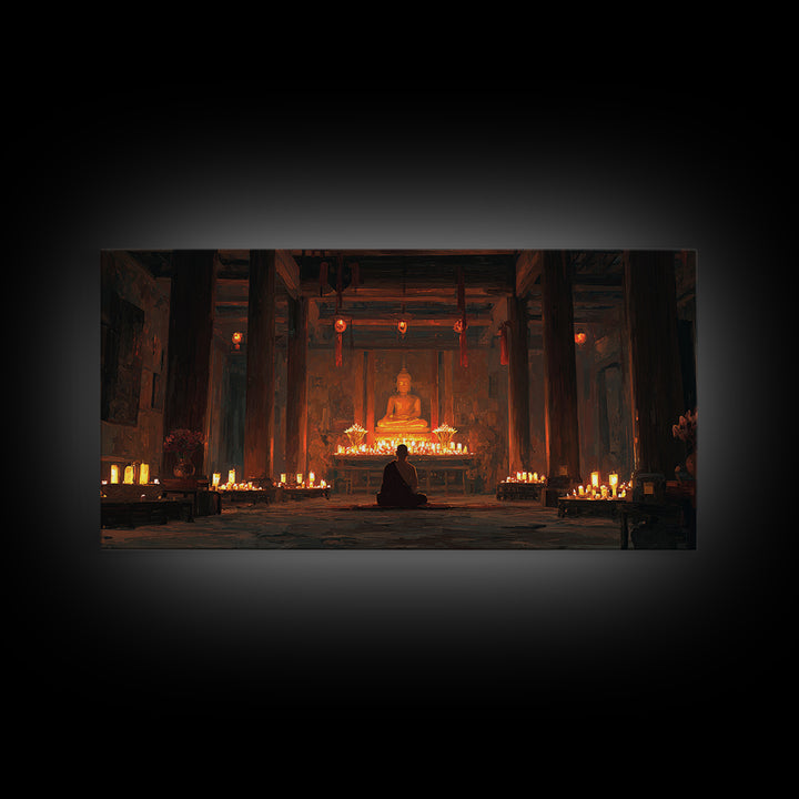Serene Buddha Meditation In Candlelit Temple Painting Wall Art Home Spiritual Canvas Print Zen Decor