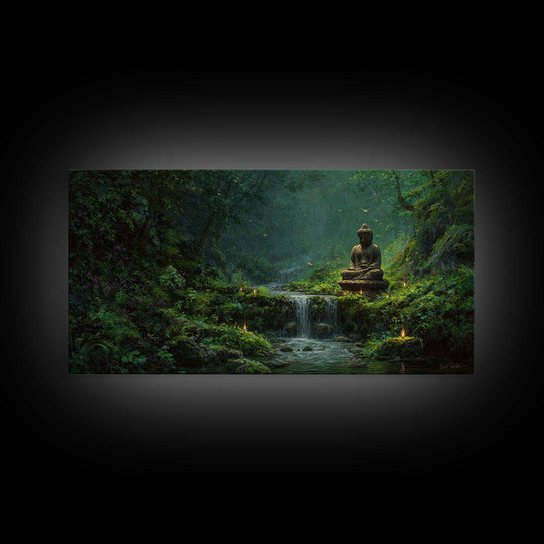 Serene Buddha Statue Waterfall Forest Scene Tranquil Landscape Wall Art Framed Canvas Print To Create Zen Home Decor Or Meditation Room