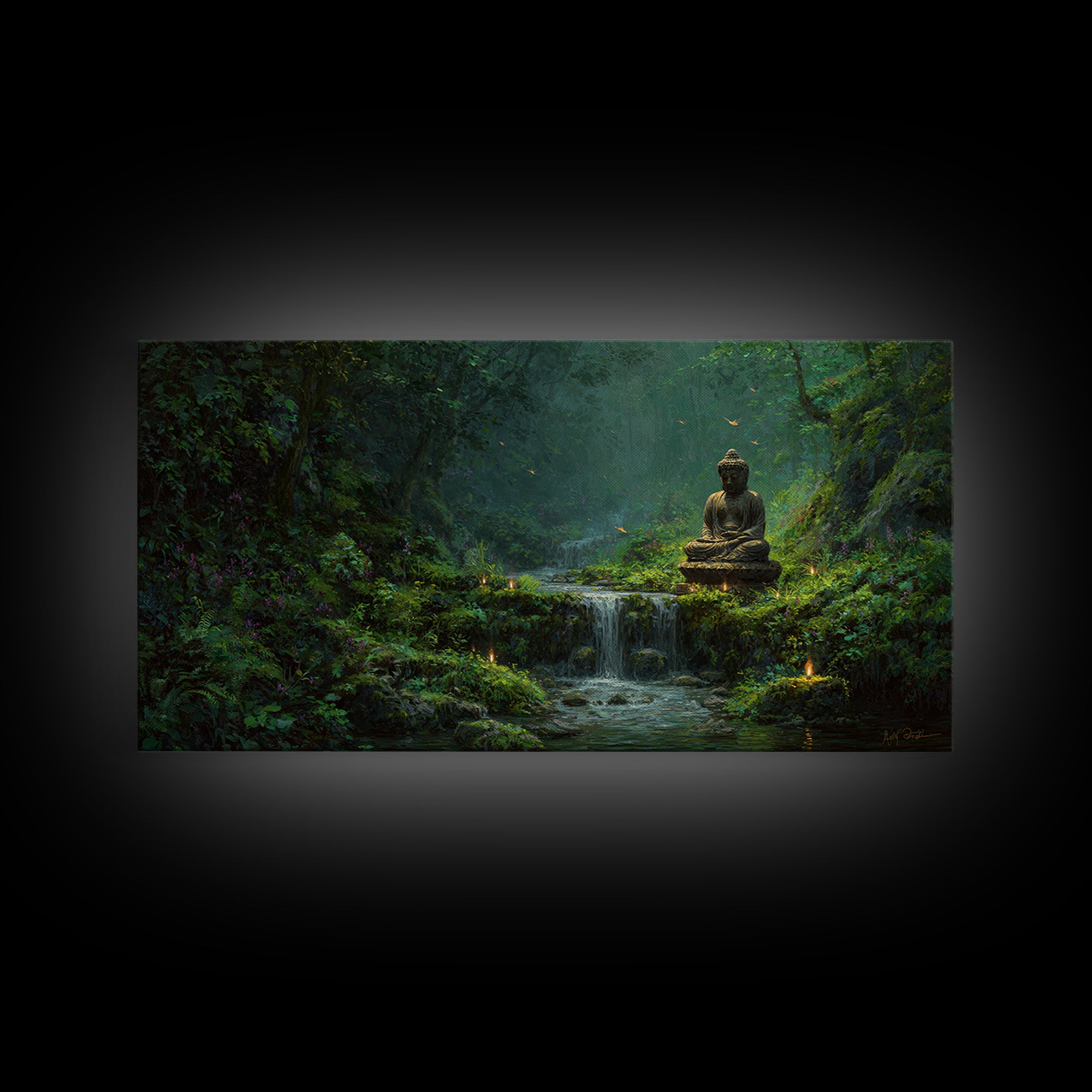 Serene Buddha Statue Waterfall Forest Scene Tranquil Landscape Wall Art Framed Canvas Print To Create Zen Home Decor Or Meditation Room