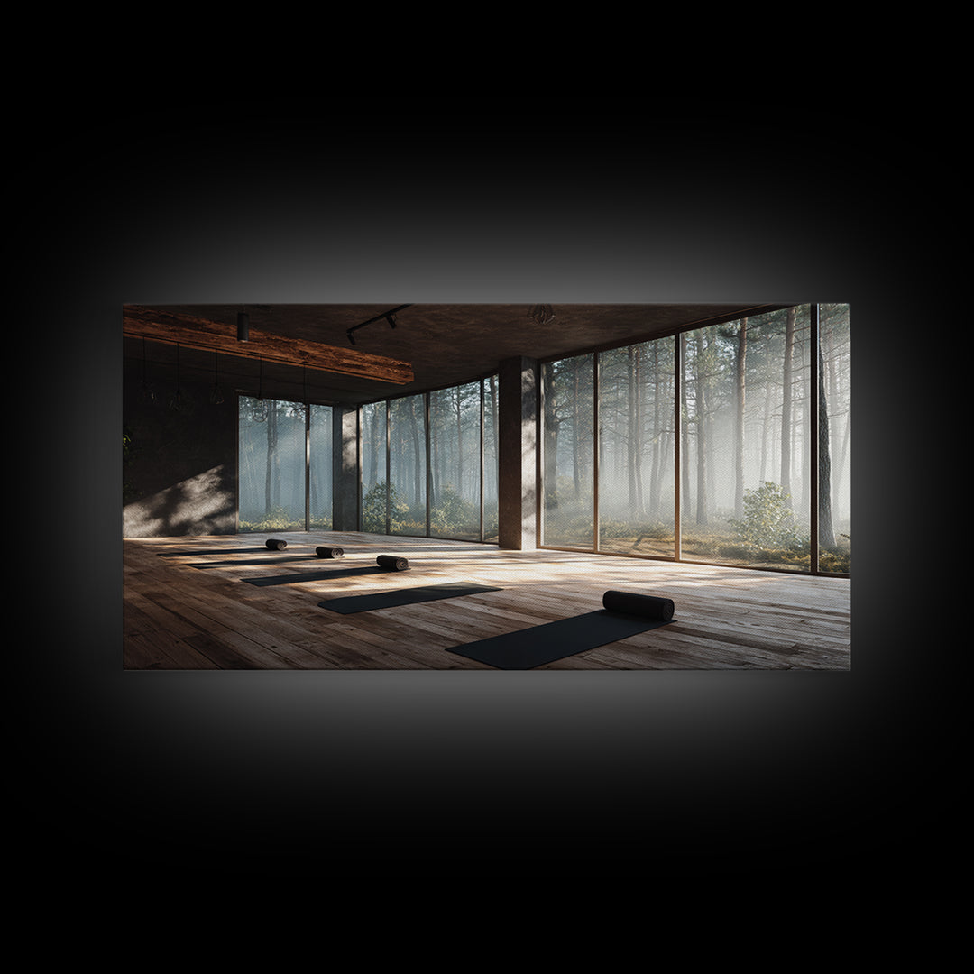 Peaceful Yoga Studio Interior With Forest View Wall Art Canvas Print Modern Office Decor Tranquil Space