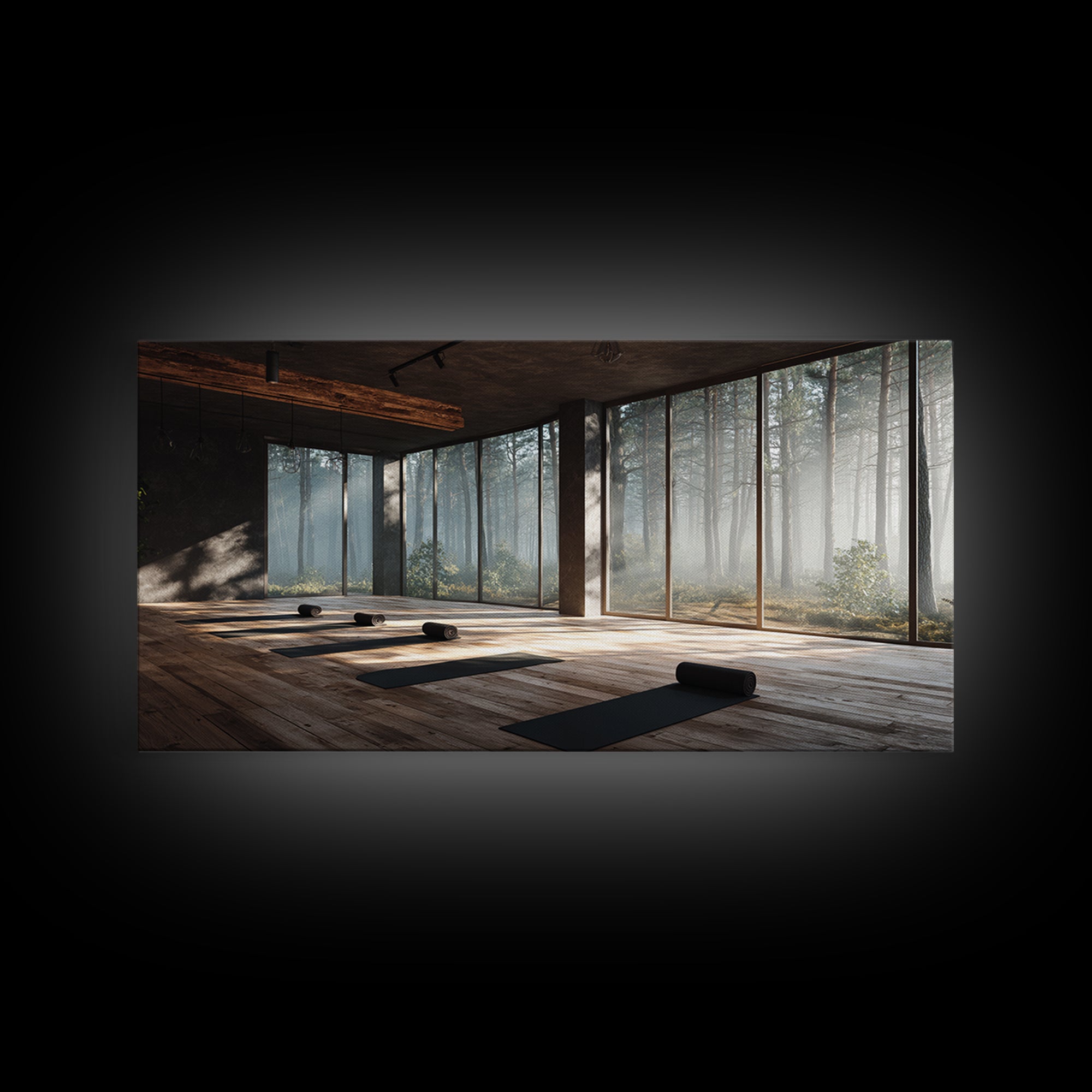 Peaceful Yoga Studio Interior With Forest View Wall Art Canvas Print Modern Office Decor Tranquil Space