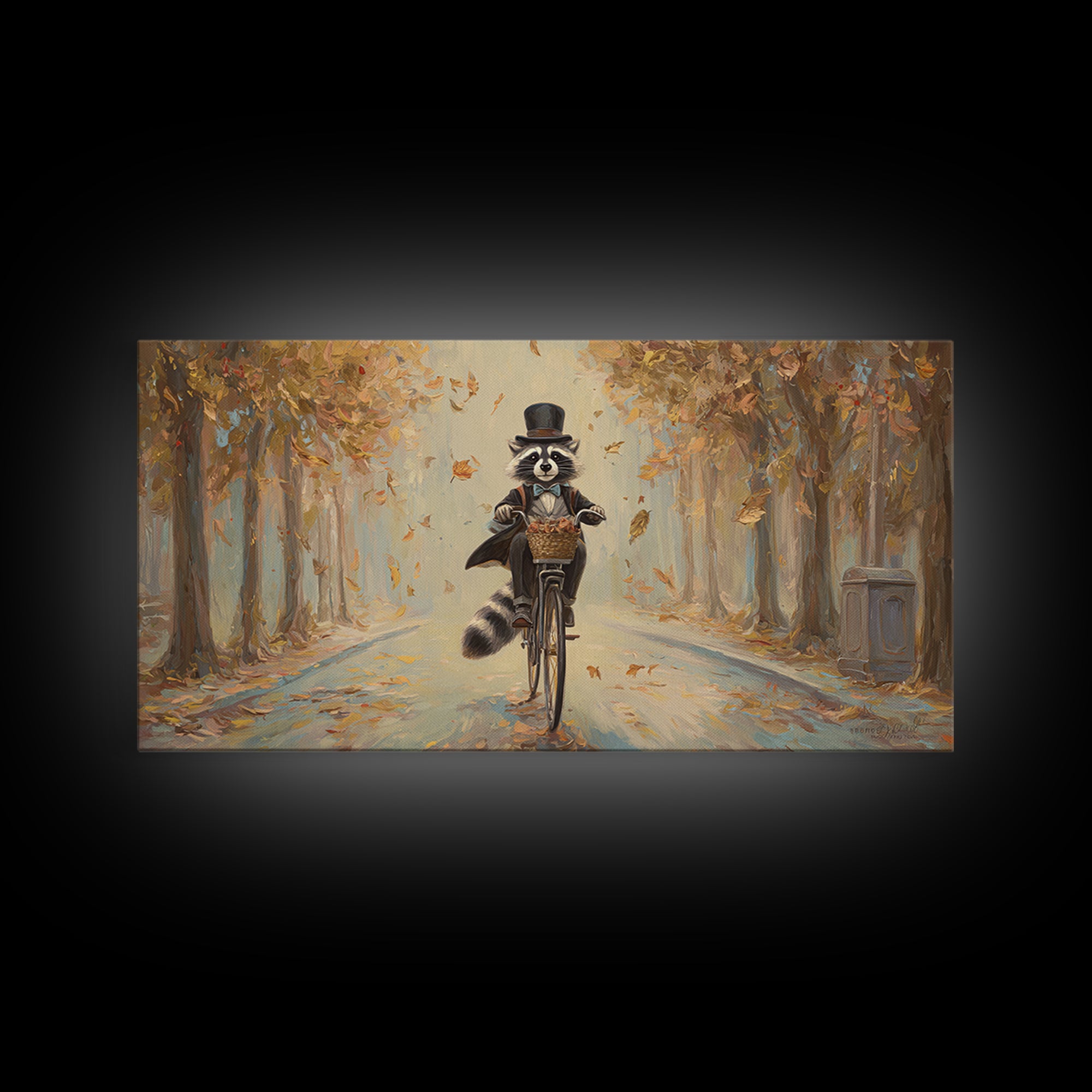 Whimsical Raccoon Riding Bicycle Canvas Print, Autumn Wall Art, Cute Animal Art, Kids Room Decor, Nursery Wall Art, Gift