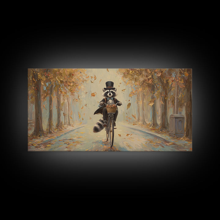 Whimsical Raccoon Riding Bicycle Canvas Print, Autumn Wall Art, Cute Animal Art, Kids Room Decor, Nursery Wall Art, Gift