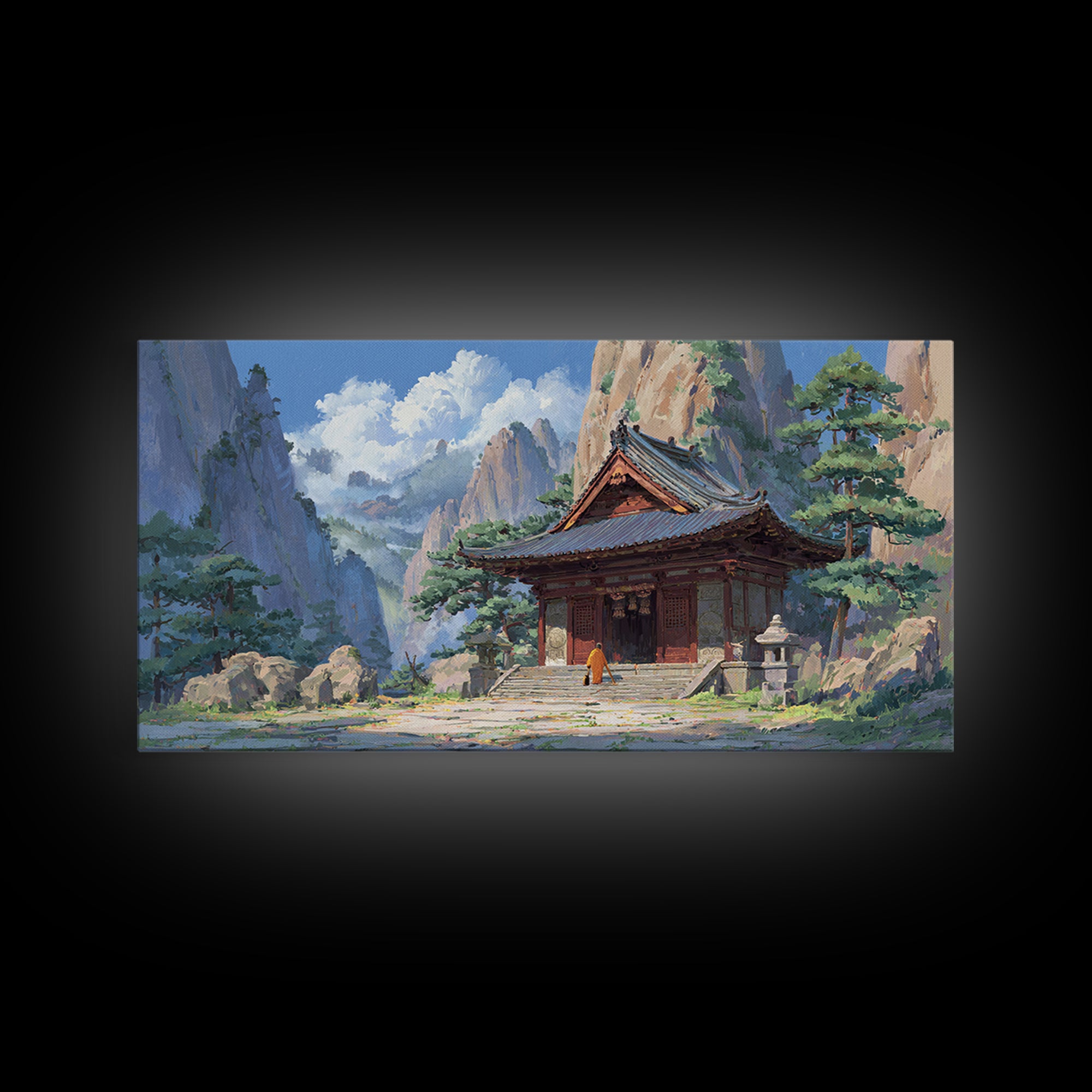 Peaceful Buddhist Temple Amid Mountains With Morning Mist Landscape Wall Art, Original Artwork Framed Canvas Print, Zen Decor