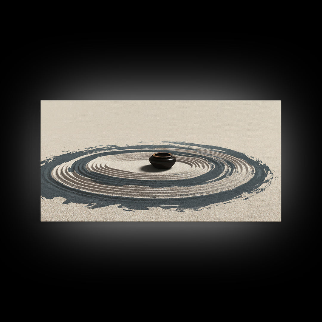 Zen Garden Sand Spiral With Ceramic Pot Minimalist Spiritual Wall Art For Meditation Room Decor Framed Canvas Print