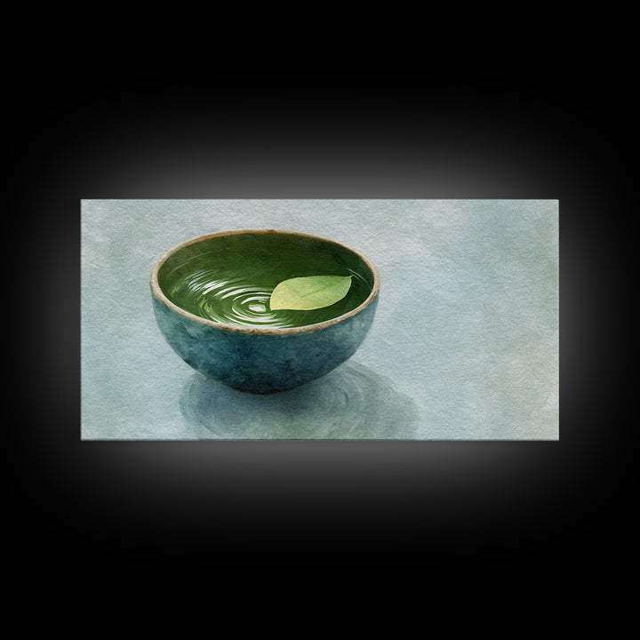 Minimalist Ceramic Bowl With Leaf Floating On Water Art Print For Zen Home Decor Framed Canvas Print