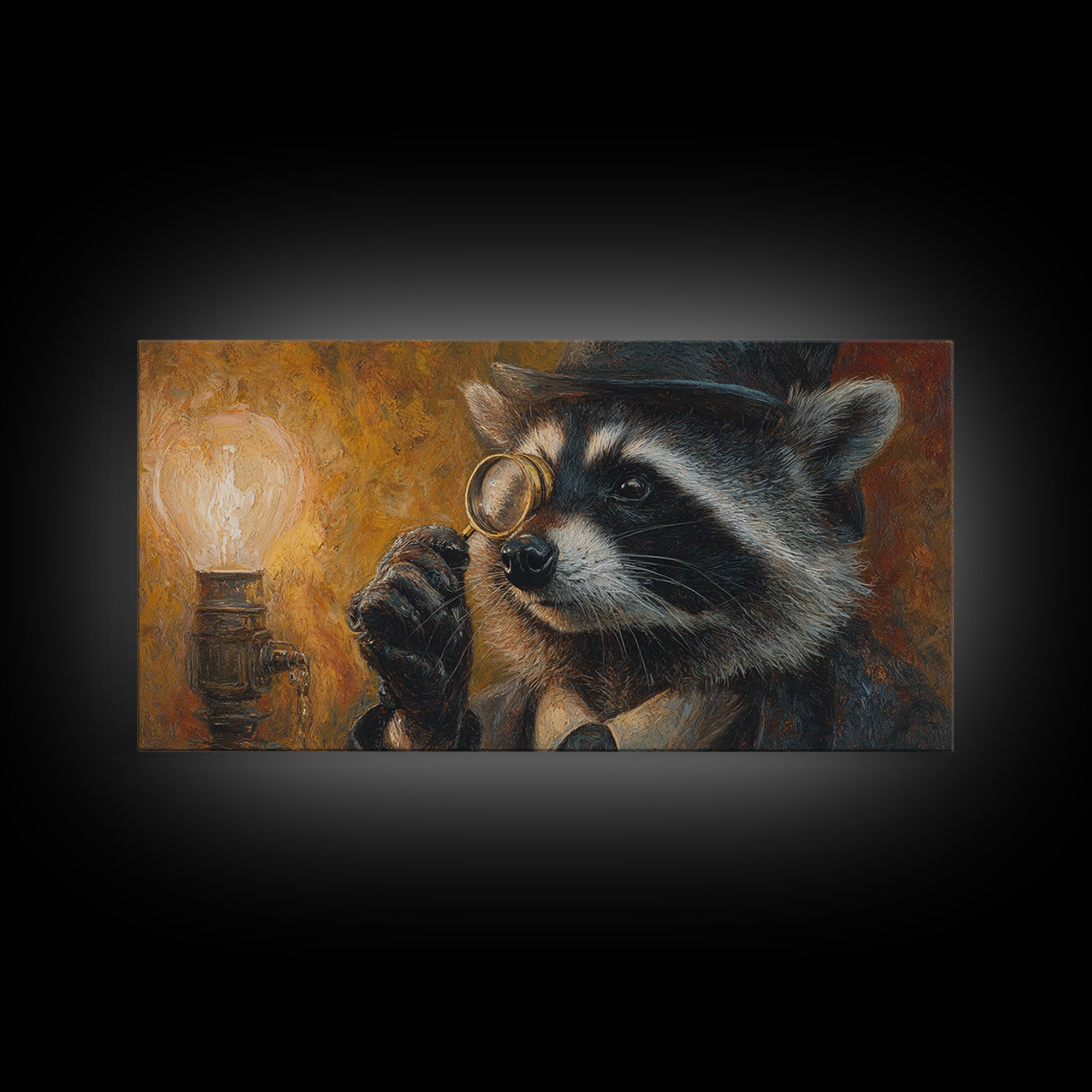 Raccoon Detective With Magnifying Glass Canvas Print, Whimsical Animal Wall Art, Steampunk Decor, Quirky Office Art, Gift