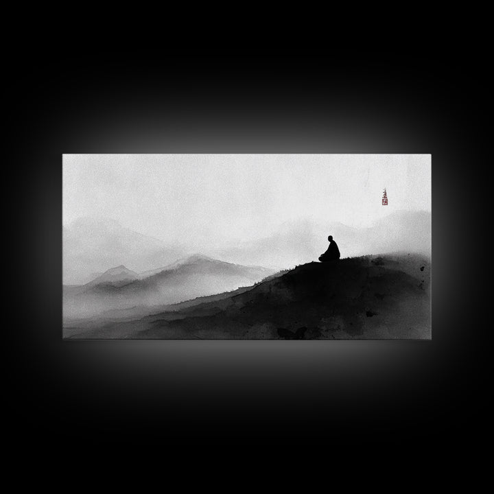 Peaceful Black And White Zen Mountain Meditation Wall Art Framed Canvas Print Spiritual Decor