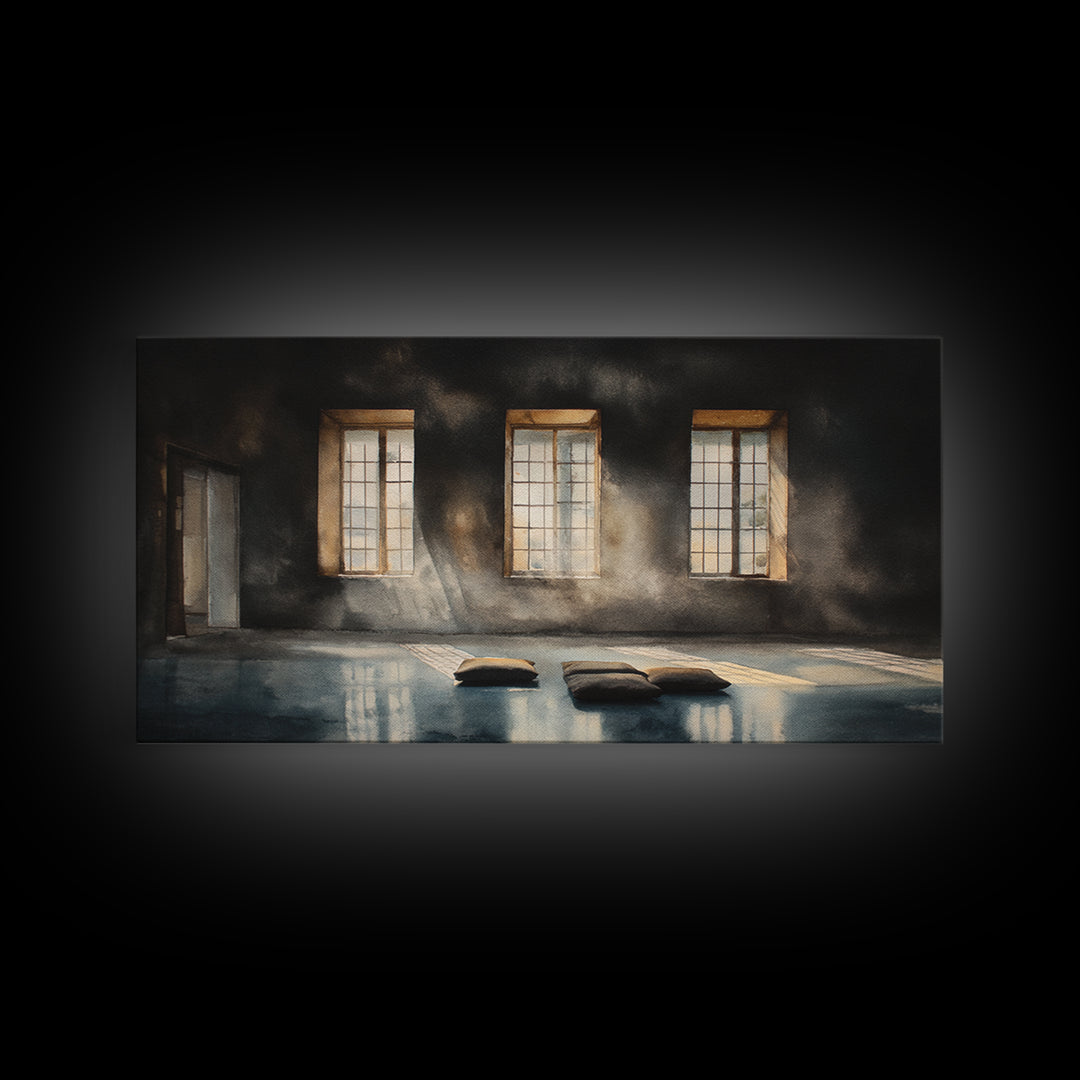 Sunlit Empty Room With Cushions And Large Windows Oil Painting Canvas Print Moody Wall Art For Minimalist Office Decor