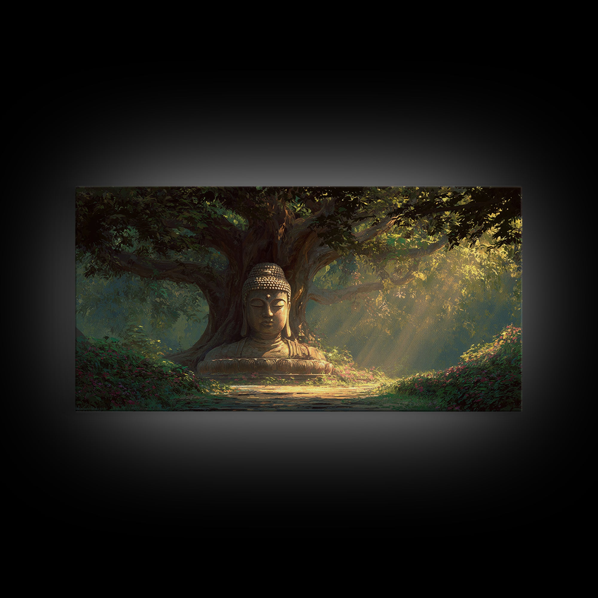 Serene Buddha Statue In Lush Forest Meditation Wall Art Framed Canvas Print For Zen Home Decor And Spiritual Wall Decor