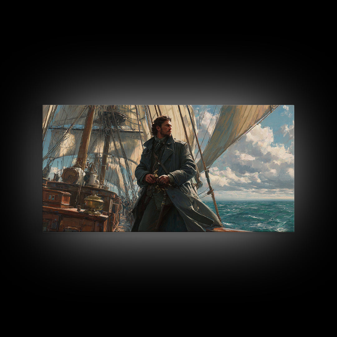 Sailor On Tall Ship At Sea Framed Canvas Print, Nautical Wall Art, Seascape Painting, Coastal Decor, Ocean Wall Art, Gift For Him