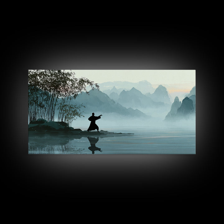 Serene Landscape With Taiji Practitioner By Water Misty Mountains Background Canvas Print Modern Wall Art Home Decor