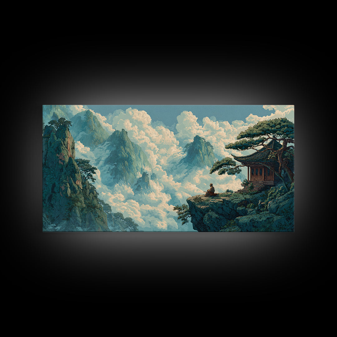 Serene Asian Landscape With Meditating Monk On Cliff Wall Art Modern Wall Decor Framed Canvas Print For Zen Living Room