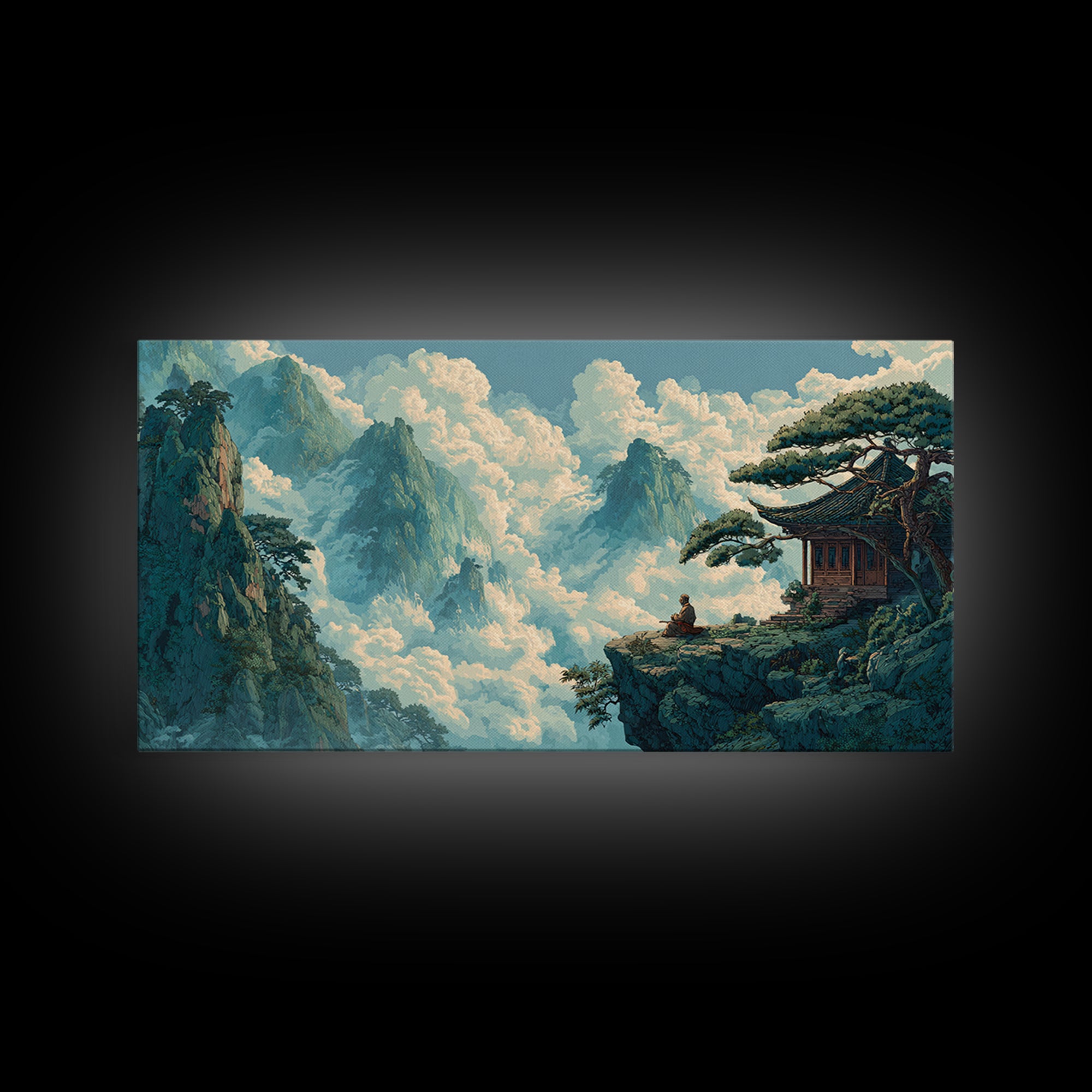 Serene Asian Landscape With Meditating Monk On Cliff Wall Art Modern Wall Decor Framed Canvas Print For Zen Living Room