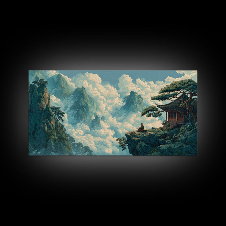 Serene Asian Landscape With Meditating Monk On Cliff Wall Art Modern Wall Decor Framed Canvas Print For Zen Living Room