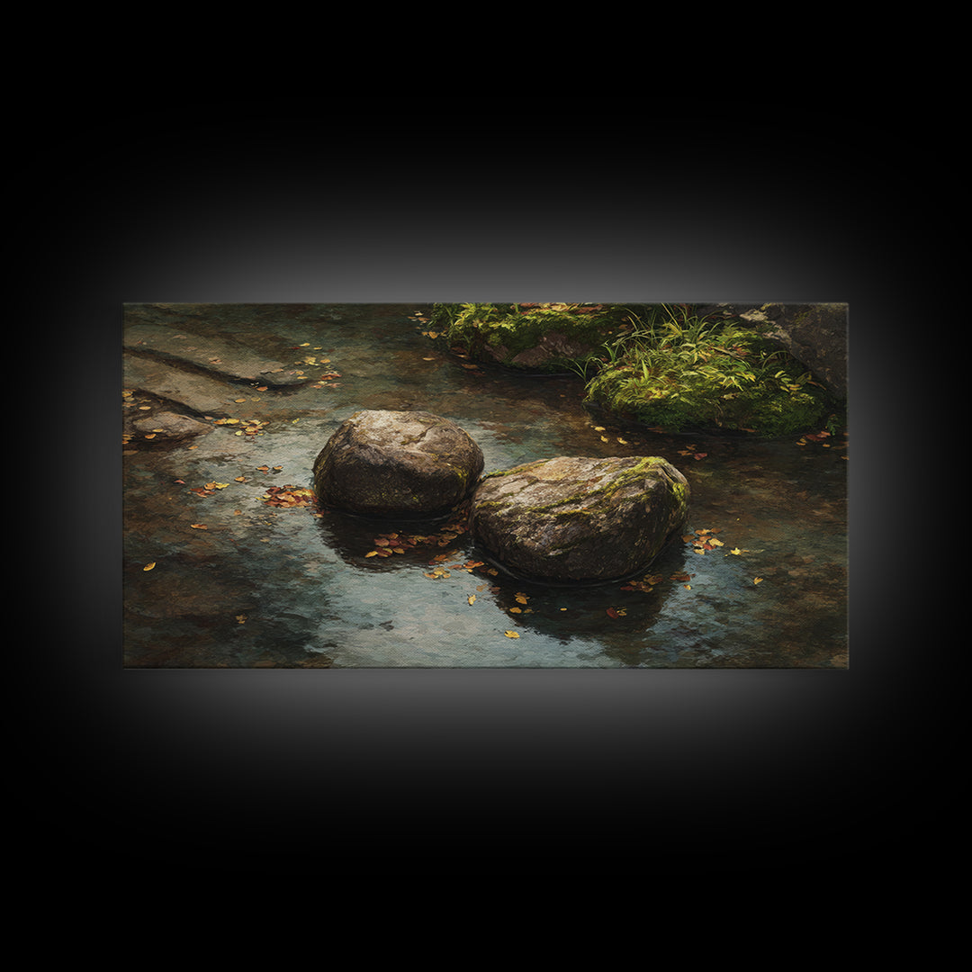 Close Up Nature Landscape Painting With Stream And Rocks Canvas Print Wall Art For Rustic Farmhouse Home Decor
