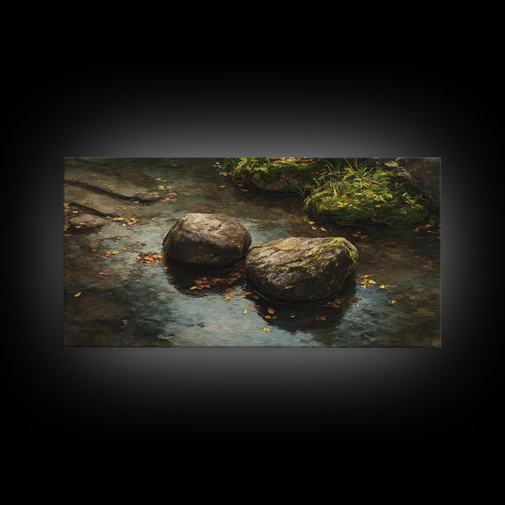 Close Up Nature Landscape Painting With Stream And Rocks Canvas Print Wall Art For Rustic Farmhouse Home Decor