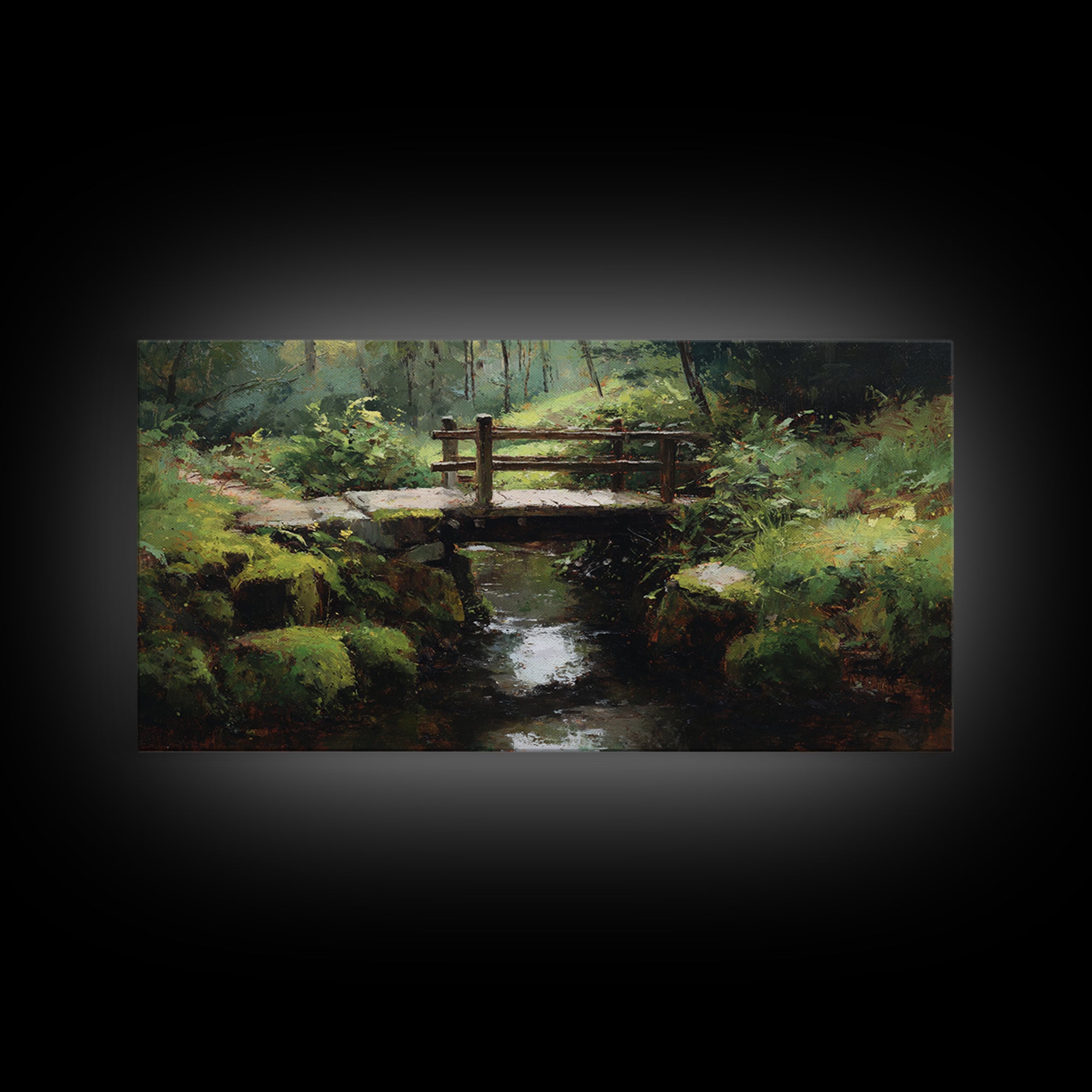 Nature Trail With Wooden Bridge Over Stream Forest Waterfall Landscape Painting Canvas Print Wall Art