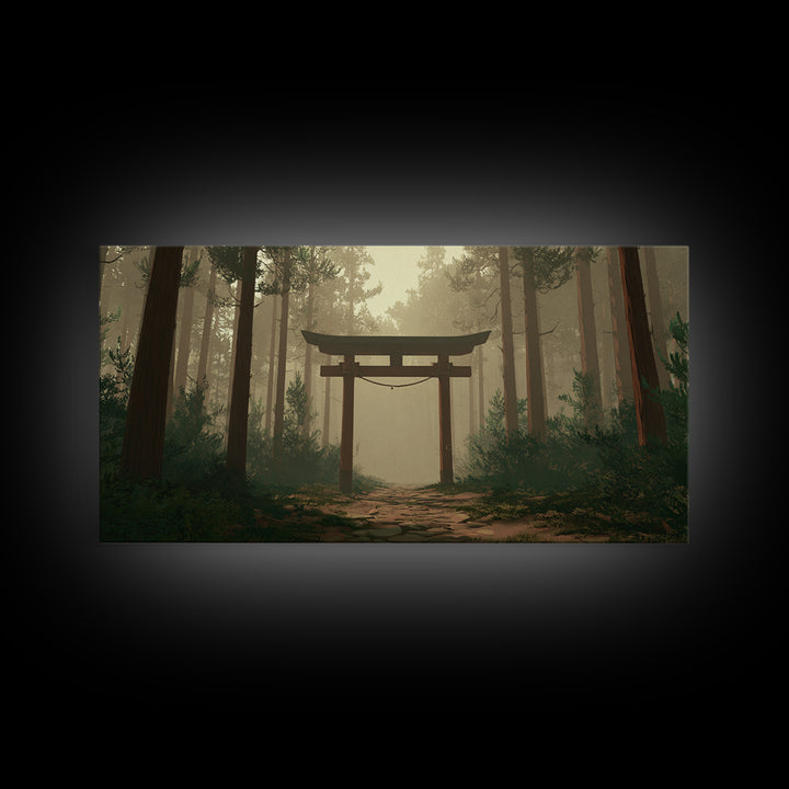Mystical Japanese Torii Gate In Foggy Forest Scenic Landscape Wall Art Framed Canvas Print For Zen Home Decor And Meditation Space