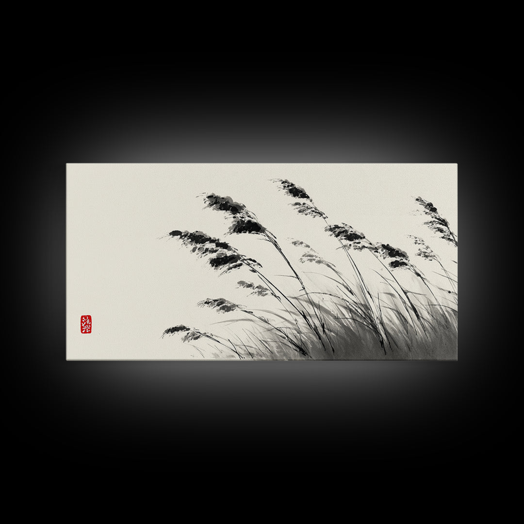Elegant Monochrome Ink Brush Painting Of Swaying Grasses Minimalist Wall Art Canvas Print For Calm And Serene Home Decor