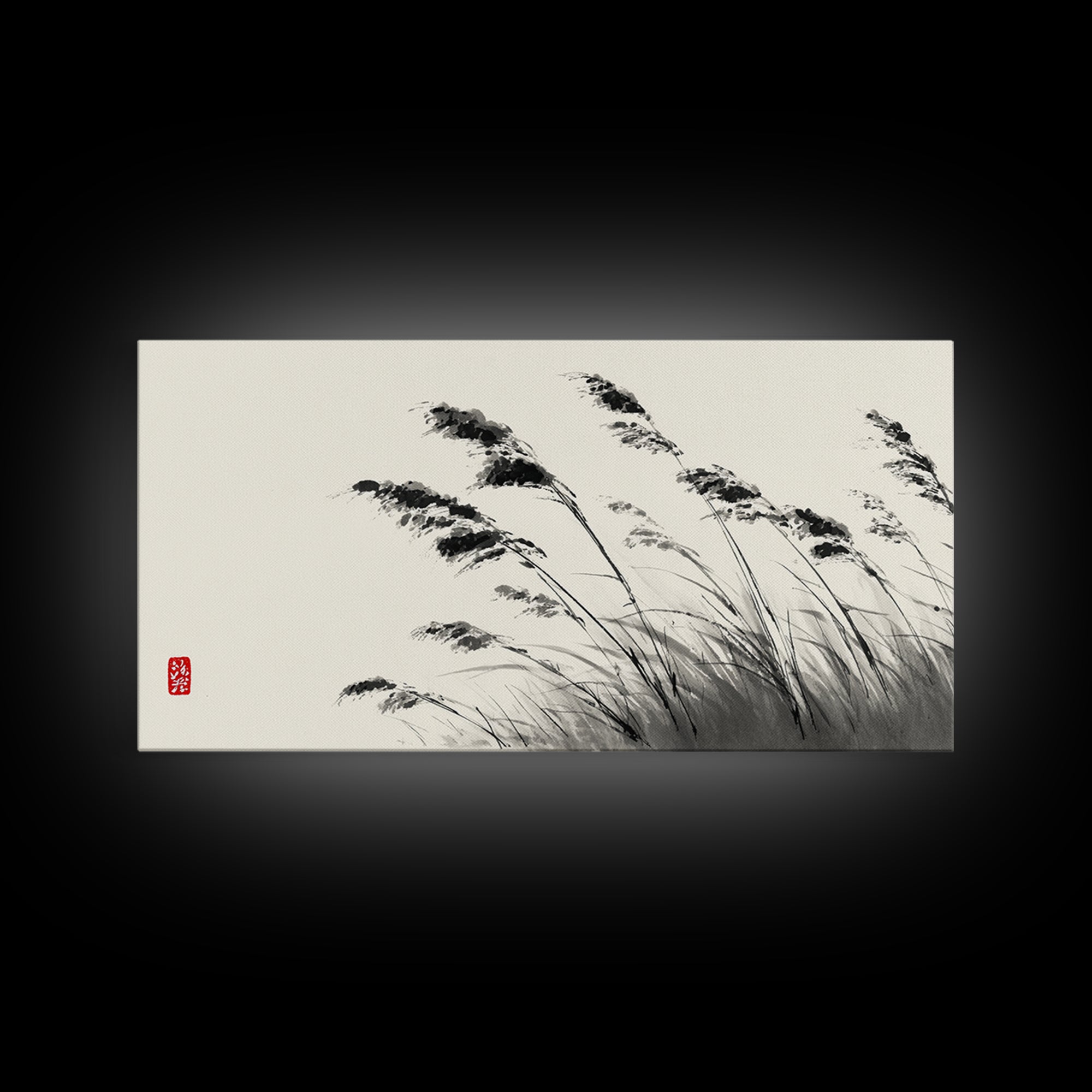 Elegant Monochrome Ink Brush Painting Of Swaying Grasses Minimalist Wall Art Canvas Print For Calm And Serene Home Decor