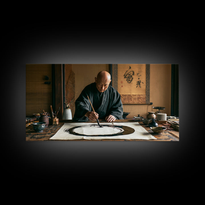 Traditional Japanese Zen Artist Painting Elegant Enso Circle Incalligraphy Studio Framed Canvas Print Wall Art