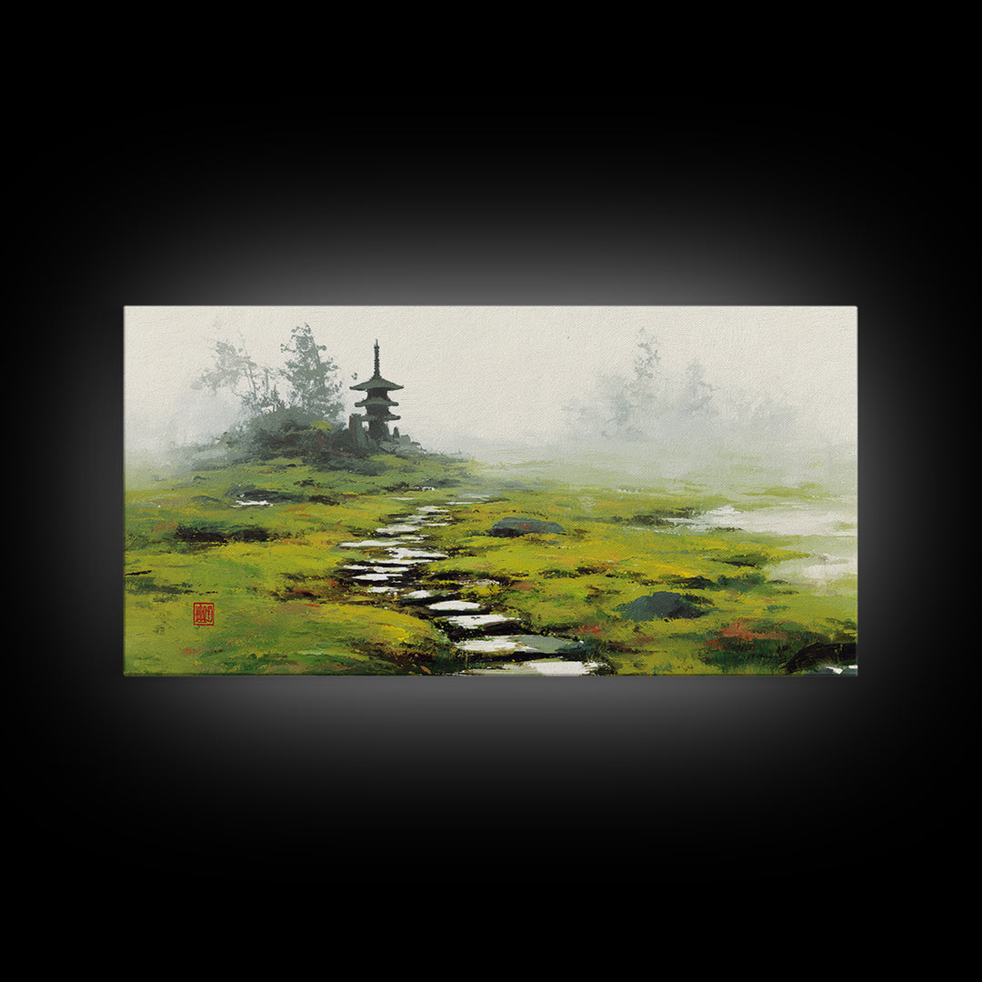 Peaceful Green Japanese Garden Landscape With Pagoda Foggy Morning Wall Art Fine Art Print Framed Canvas Print For Japanese Wall Decor