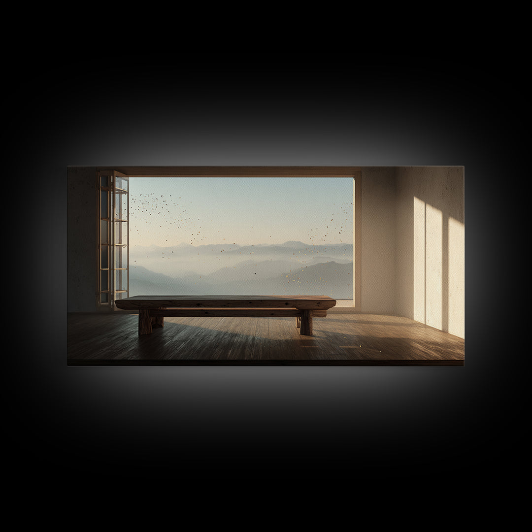 Serene Minimalist Room With Large Window Overlooking Mountain Landscape Zen Wall Art Canvas Print For Calm Living Room Decor Or Office Decoration