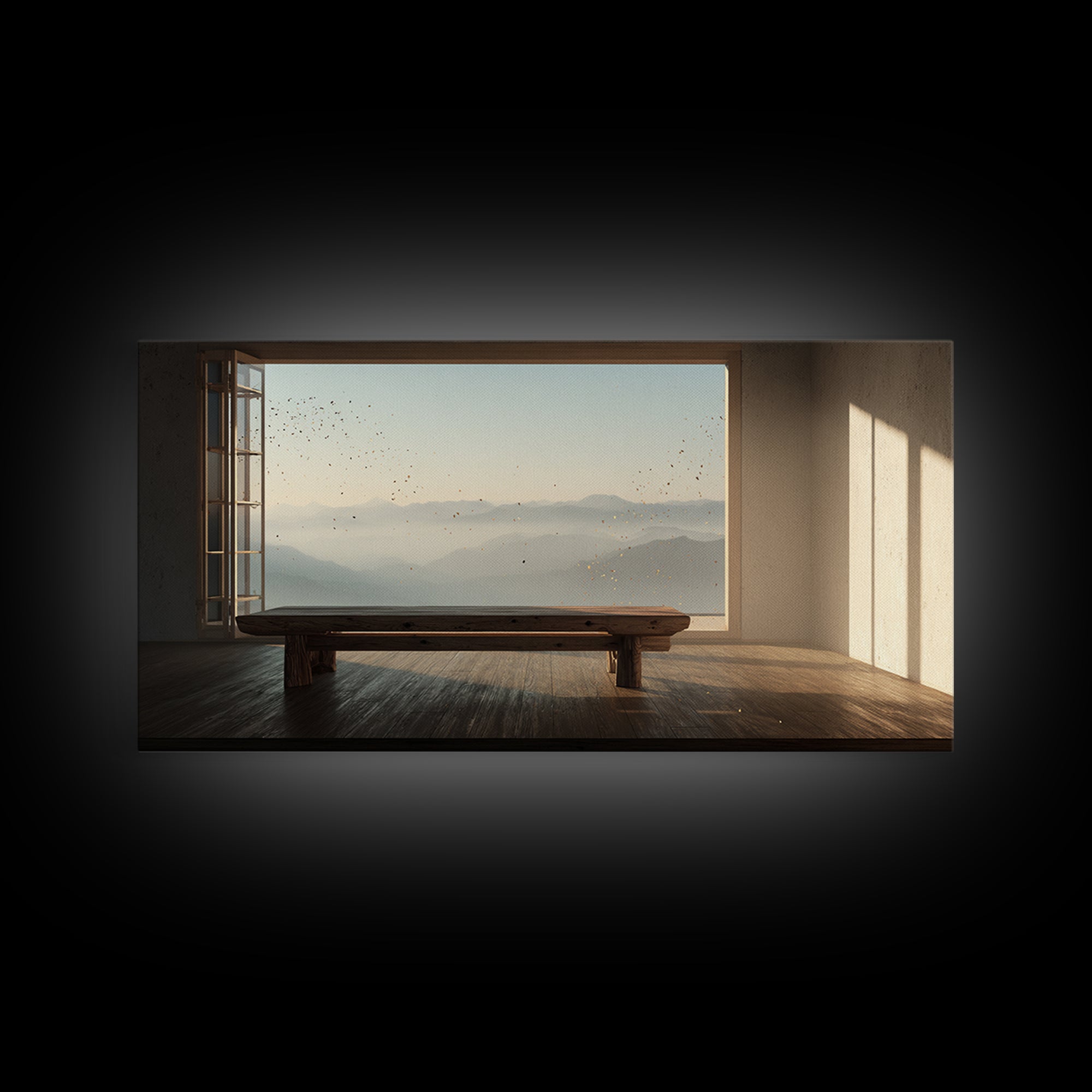 Serene Minimalist Room With Large Window Overlooking Mountain Landscape Zen Wall Art Canvas Print For Calm Living Room Decor Or Office Decoration