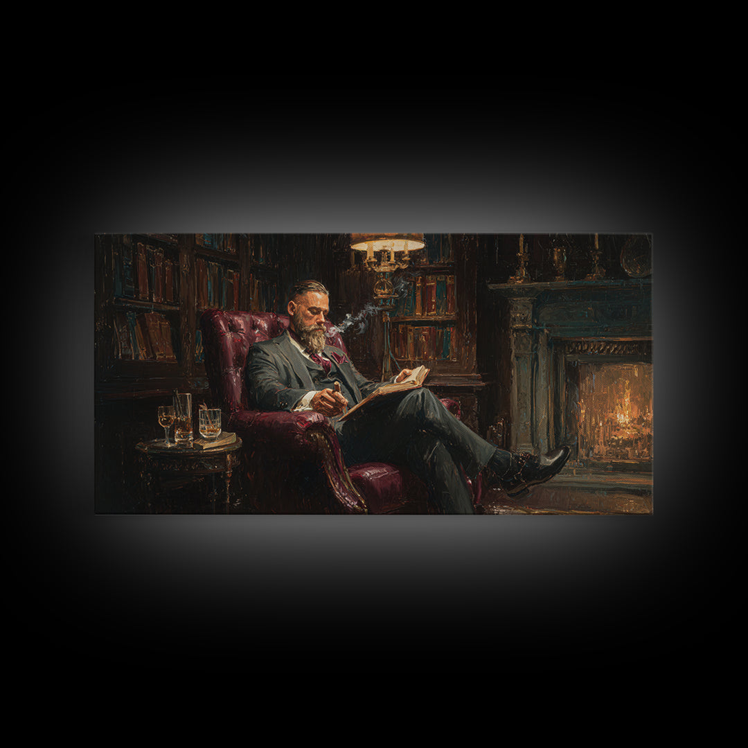 Bearded Man Reading By Fireplace Wall Art, Cozy Library Decor, Dark Academia Art, Book Lover Gift, Office Decor, Living Room Art