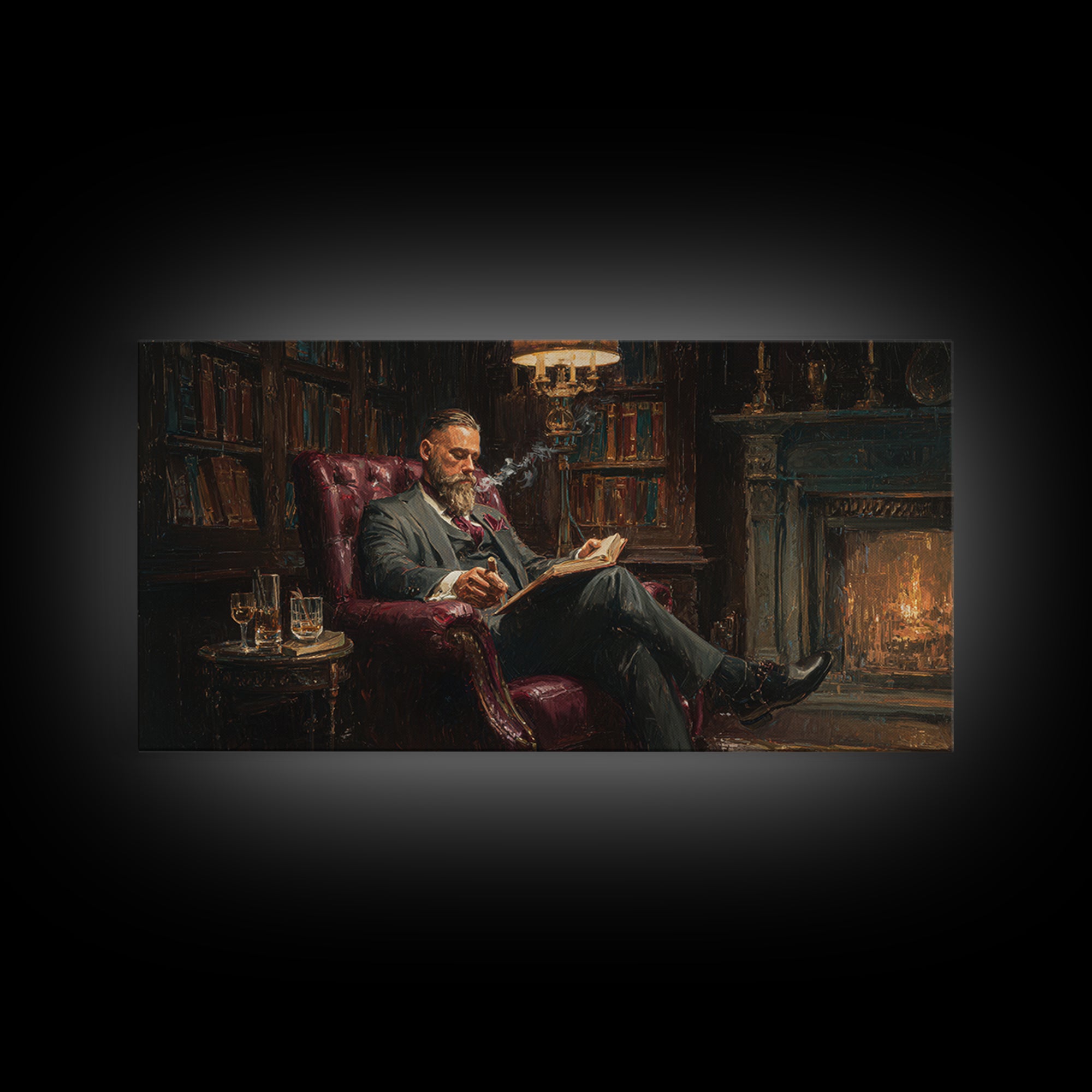 Bearded Man Reading By Fireplace Wall Art, Cozy Library Decor, Dark Academia Art, Book Lover Gift, Office Decor, Living Room Art