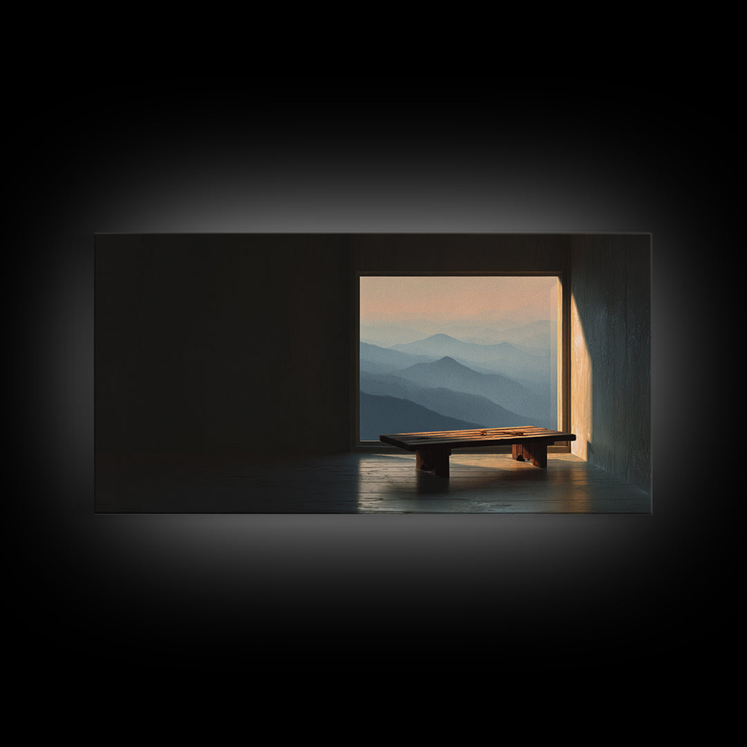 Serene Minimalist Interior With Mountain View Framed Canvas Print Home Decor Wall Art Living Room Decor Relaxing Art