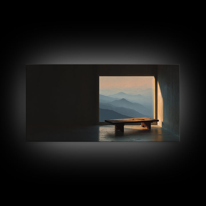 Serene Minimalist Interior With Mountain View Framed Canvas Print Home Decor Wall Art Living Room Decor Relaxing Art