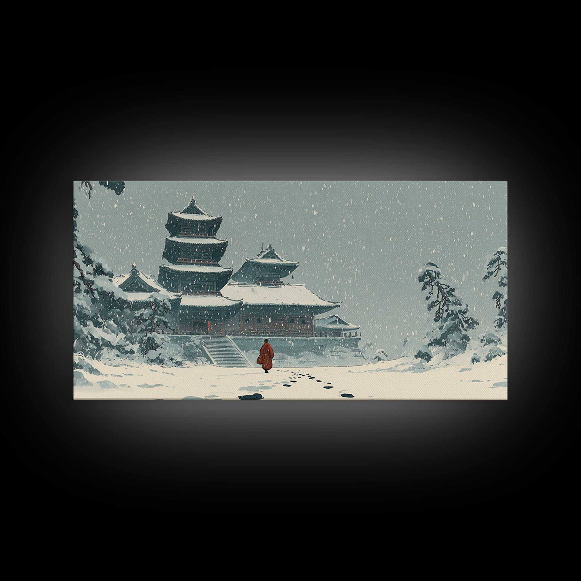 Snowy Temple Scene With Footprints In The Snow Winter Landscape Painting Framed Canvas Print