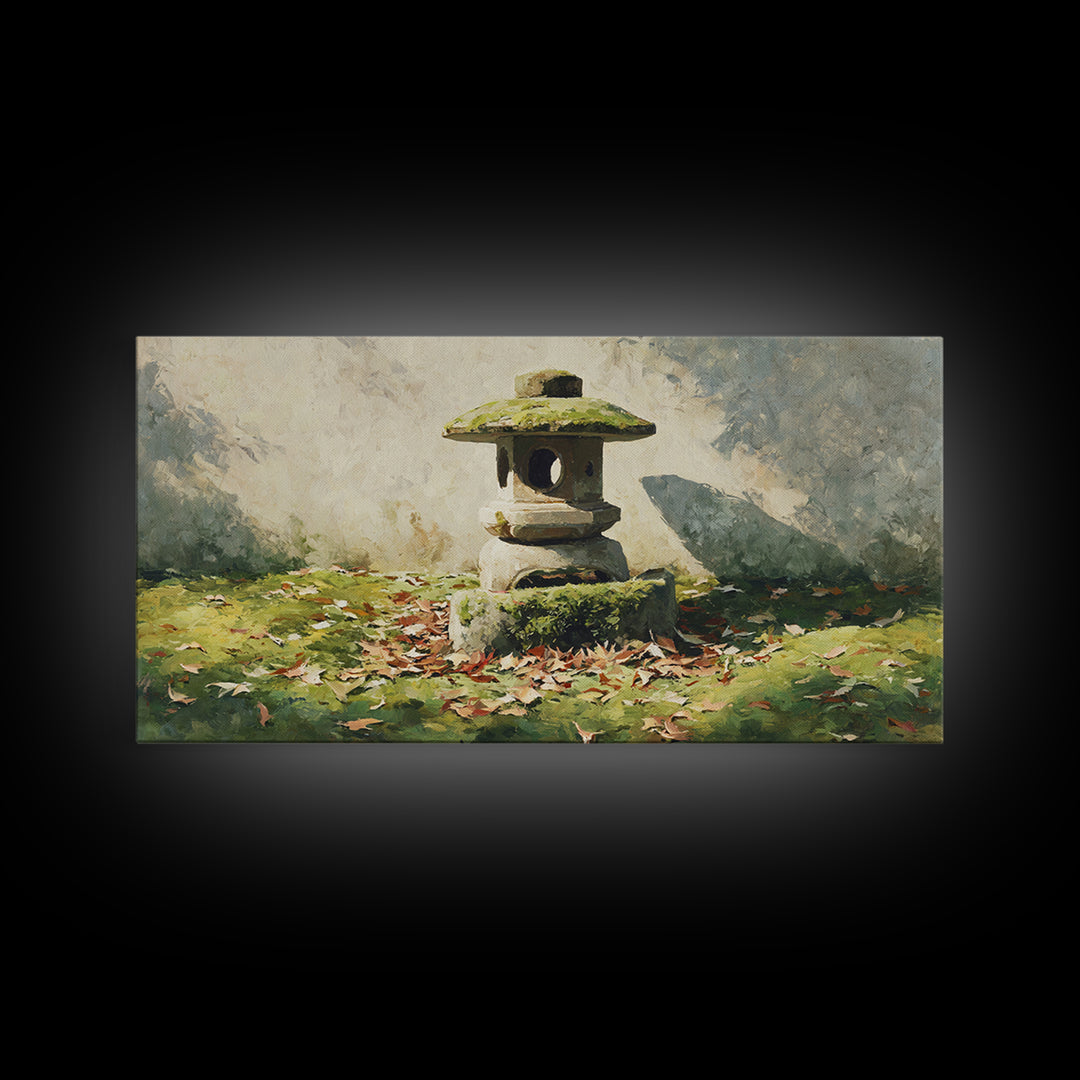 Classic Japanese Stone Lantern In Autumn Garden With Fallen Leaves Wall Art Traditional Asian Garden Canvas Print Framed