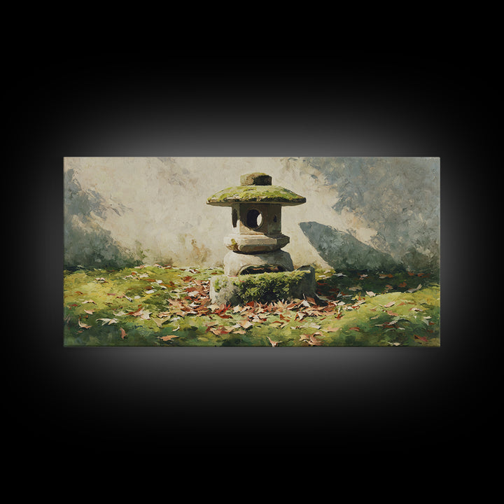 Classic Japanese Stone Lantern In Autumn Garden With Fallen Leaves Wall Art Traditional Asian Garden Canvas Print Framed