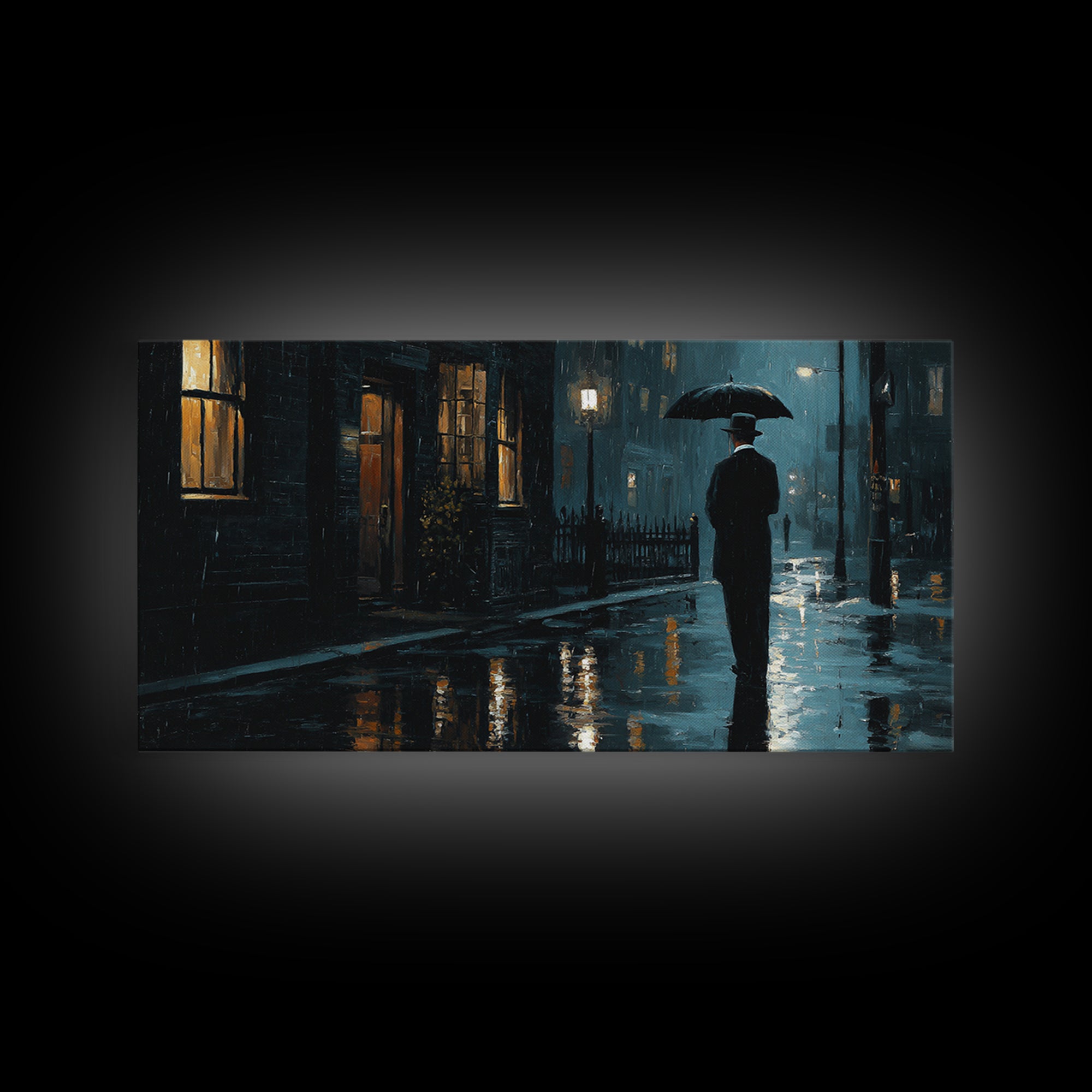 Rainy Noir City Street Wall Art, Blue Urban Night Canvas Print, Moody Office Decor, Dark Academia Living Room Print, Gift
