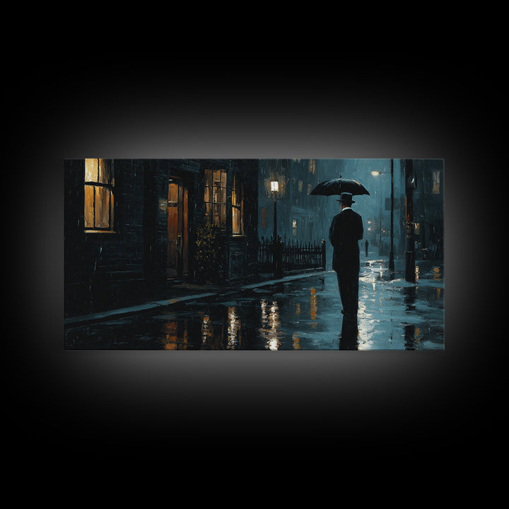 Rainy Noir City Street Wall Art, Blue Urban Night Canvas Print, Moody Office Decor, Dark Academia Living Room Print, Gift