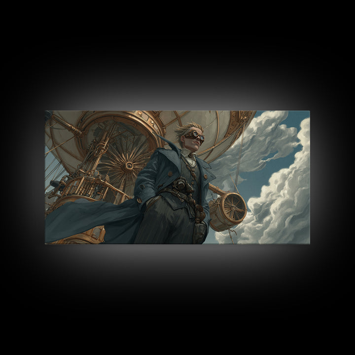Steampunk Aviator In Blue Coat Canvas Print, Fantasy Wall Art, Industrial Airship Decor, Dramatic Office Art Gift For Him