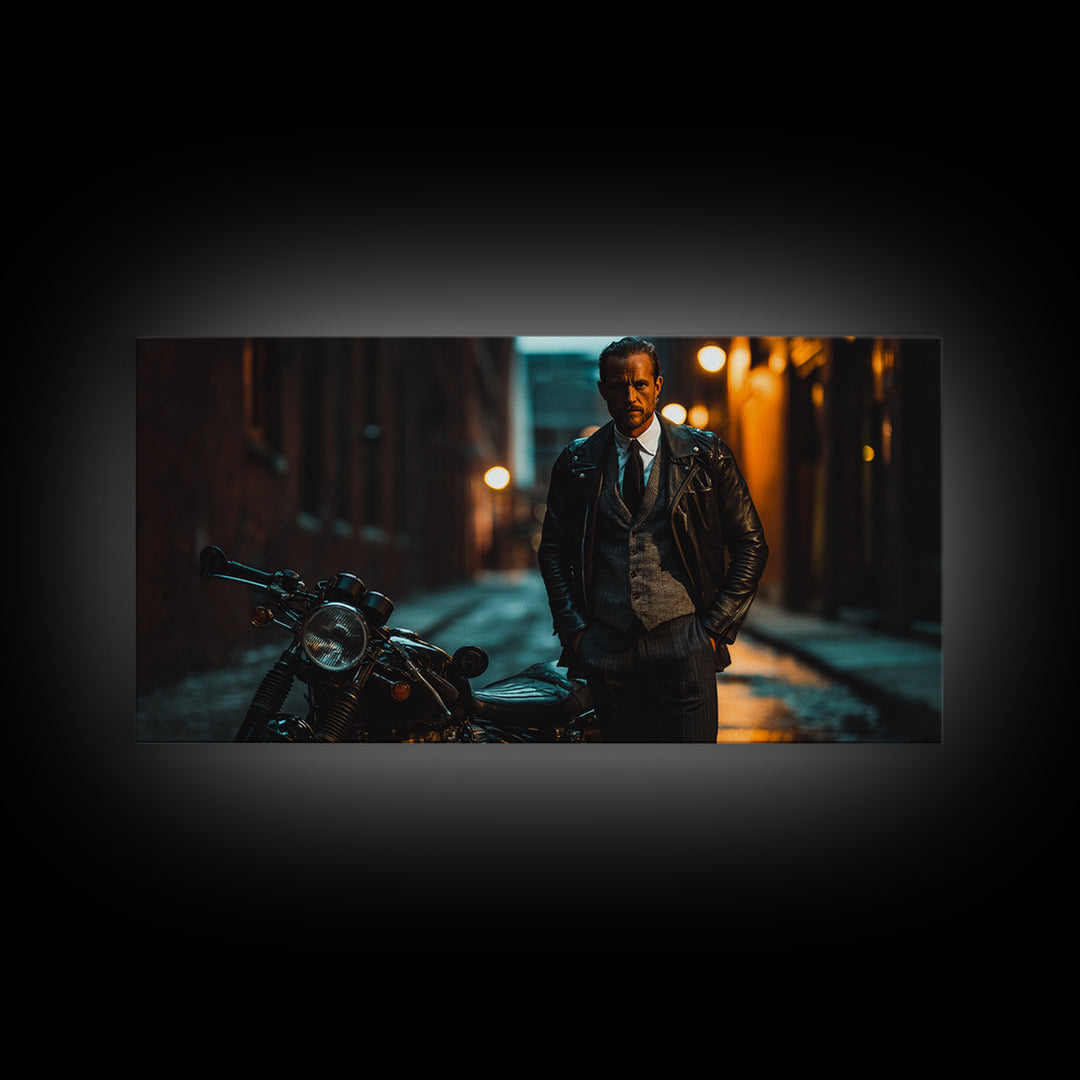 Moody Biker With Motorcycle In Rainy Alley Framed Canvas Print, Masculine Wall Art, Urban Wall Decor, Man Cave Gift For Him