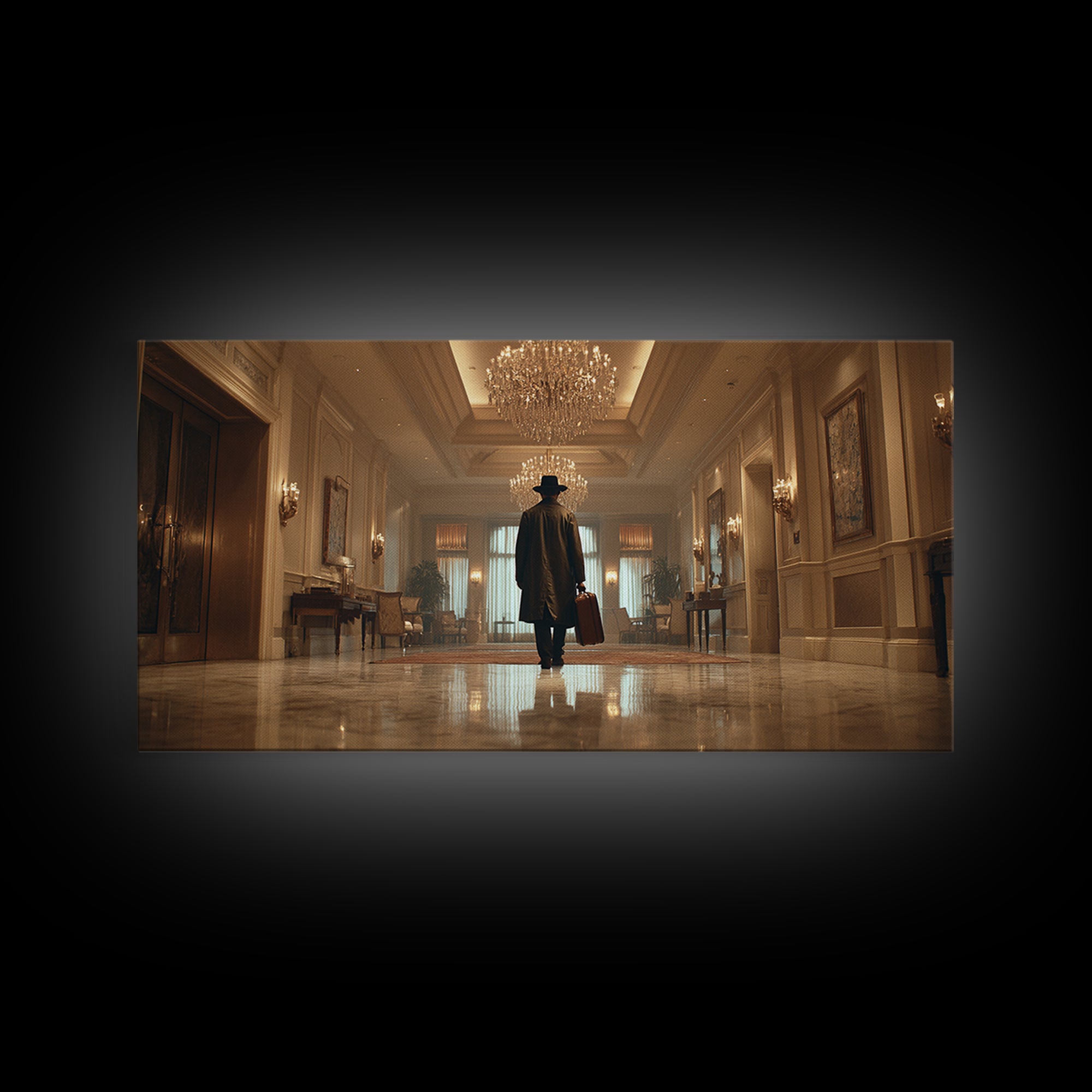 Mysterious Traveler In Luxury Hotel Lobby Canvas Print, Moody Wall Art, Dark Academia Decor, Grand Hallway Office Art Gift
