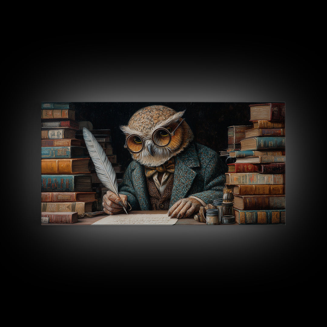 Scholarly Owl Writing Among Antique Books Framed Canvas Print, Whimsical Wall Art, Library Decor, Dark Academia, Bird Lover Gift