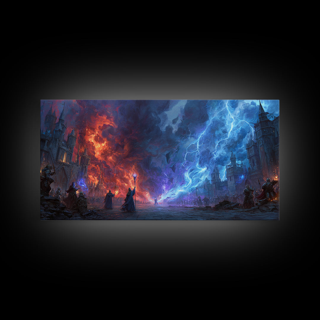 Epic Fire And Lightning Battle Wall Art, Dark Fantasy Art, Dragon Castle Scene, Gothic Wall Decor, Gaming Room Decor, Sci Fi Art